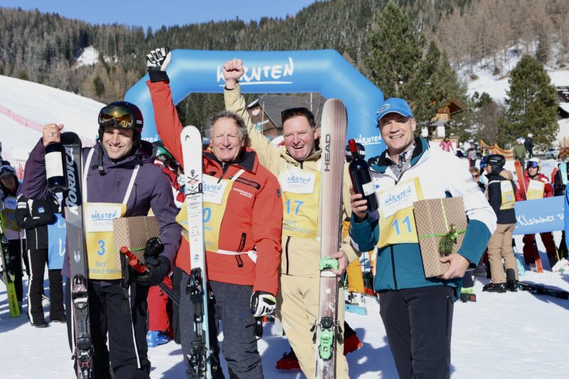 Franz Klammer with the podium at his 70th birthday race. L-R Jure Kosir, FK, Patrick Ortleib, Armin Assinger - photo c/o Bad Kleinkirchheim